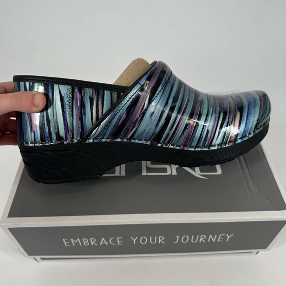 NIB Dansko Teal Striped patent leather slip on clogs multi sizes - Picture 4 of 6